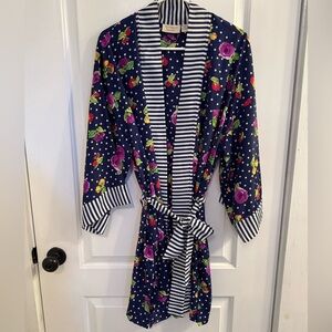 Victoria’s Secret Vintage Gold Label 90s Satin Kimono Robe Navy Stripe Floral